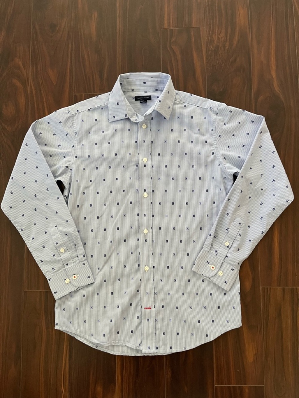 Tommy Hilfiger Blue & White Stripe Button-Down Shirt with Navy H Print, boys 14